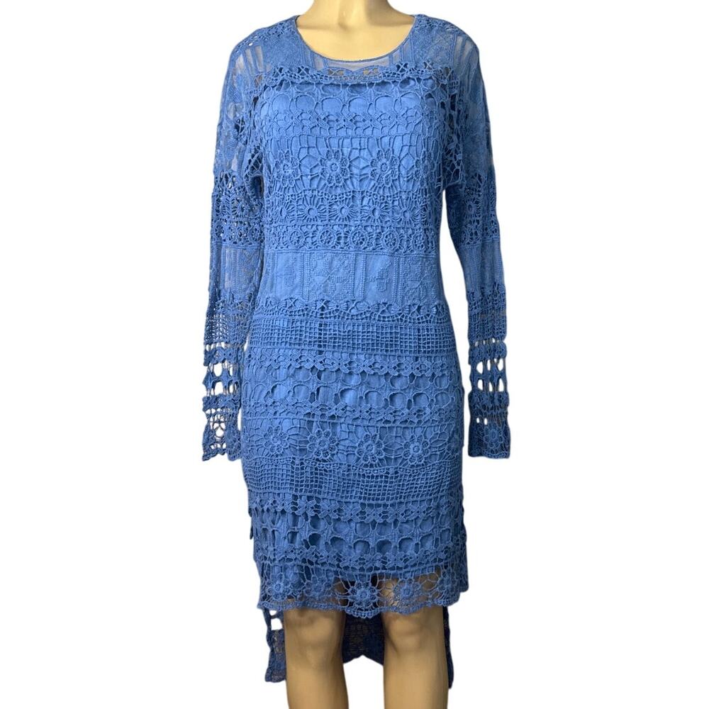 XCVI Fonda Crochet Midi Dress Long Sleeve Split Step Hem Blue SZ Medium